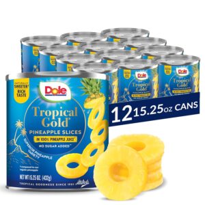 Dole Canned Fruit, Tropical Gold Pineapple Slices in 100% Pineapple Juice, Gluten Free, Pantry Staples, No Sugar Added, 15.25 Oz, 12 Count