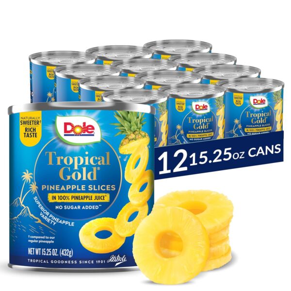 Dole Canned Fruit, Tropical Gold Pineapple Slices in 100% Pineapple Juice, Gluten Free, Pantry Staples, No Sugar Added, 15.25 Oz, 12 Count